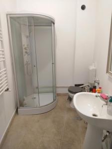 a bathroom with a shower and a toilet and a sink at Bucuresti Bucuresti Hostel in Bucharest