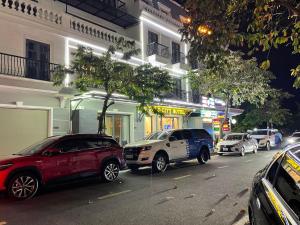 GOLD CITY Hotel في Tây Ninh: مجموعة من السيارات تقف في شارع المدينة في الليل