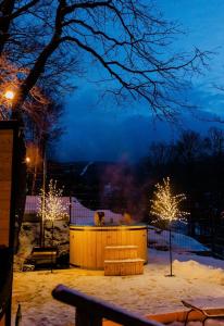 a park covered in snow at night with lights at Apartamenty Larice - basen, sauna i balia in Świeradów-Zdrój
