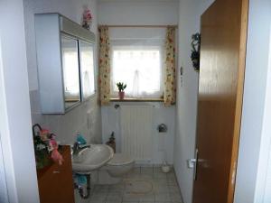 ein Badezimmer mit Waschbecken und Toilette und einem Fenster in der Unterkunft Ferienwohnung Schulz in Schwörstadt + 16 Fotos