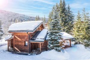 a log cabin with snow on the roof at Madame Vacances Chalet Morgane in La Tania
