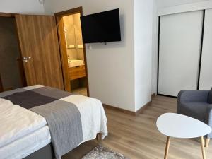 a bedroom with a bed and a chair and a tv at Domek nad stawem in Krynica Zdrój