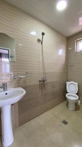 La salle de bains est pourvue de toilettes, d'un lavabo et d'une douche. dans l'établissement ZUMA, à Batoumi