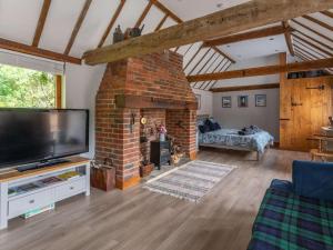 sala de estar con chimenea de ladrillo y TV en 1 bed in Ashdown Forest 88488, en Nutley