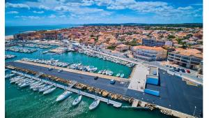 - une vue aérienne sur un port avec des bateaux dans l'eau dans l'établissement Pavillon Piscine Parking Privé, à Valras-Plage