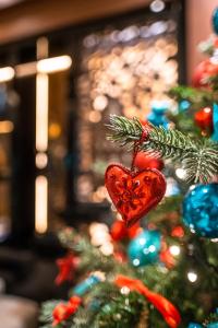 Un albero di Natale con un ornamento al cuore. di Mala Garden Design Hotel a Siófok