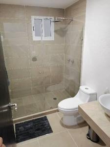 a bathroom with a shower with a toilet and a sink at Dreaming 3 in Cancún