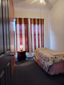 1 dormitorio con 1 cama y 1 mesa con lámpara en Macaw Guest House en Nueva York