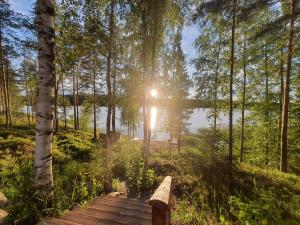 um caminho de madeira que leva a um lago com o sol brilhando através das árvores em Villa Mäkivaski em Virrat