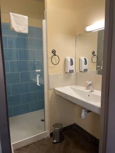 een badkamer met een wastafel, een douche en een spiegel bij La Saleine in Crest