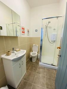 a bathroom with a toilet and a shower and a sink at Portland View - Spacious & Comfortable in Weston