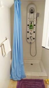 a shower with a blue shower curtain in a bathroom at Bonito piso en calle Antolinez in Seville