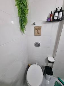 a white bathroom with a toilet and a plant on the wall at BLACK *mês* Apartamento na capital Gaúcha in Porto Alegre