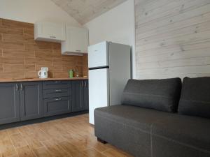 eine Küche mit einem Sofa und einem weißen Kühlschrank in der Unterkunft house for relaxation in Kriukivshchyna