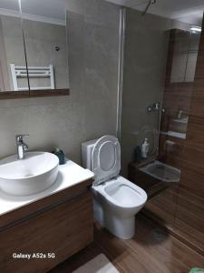 een badkamer met een wastafel, een toilet en een douche bij Το σπίτι της Μαρίας in Chios