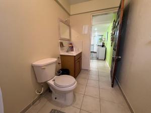 a bathroom with a toilet and a sink at Waves Villa Guesthouse in Kingstown