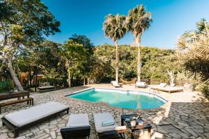 a swimming pool with chaise lounge chairs and palm trees at Pousada Casa Cactus Praia da Tartaruga Búzios in Búzios
