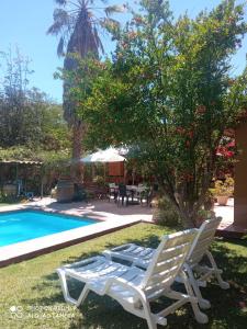 um par de cadeiras brancas junto a uma piscina em Habitación matrimonial deluxe Casa Tierra Elquina em Vicuña