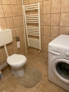 a bathroom with a toilet and a washing machine at 2BR Cosy Apart in Satu Mare