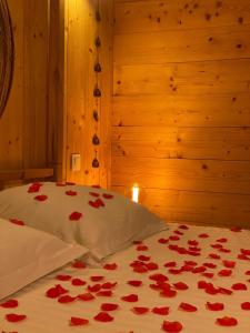 a bedroom with a bed with red roses on it at Cabanes Trésors de Campagne,spas privatifs in Villarzel-du-Razès