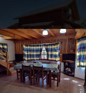 ein Esszimmer mit einem Tisch, Stühlen und einem Kamin in der Unterkunft Dino's Ranch in Villa El Chocón