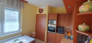 札雷格塞格的住宿－Hegyalja Apartman，厨房配有木制橱柜、桌子和窗户。