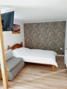 a bedroom with a bed and a couch and a tv at Vila Esperia Rânca in Ranca