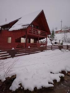 a log cabin with snow on the ground at Deea Cascada in Vidra