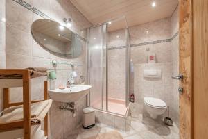 a bathroom with a shower and a toilet and a sink at Zillerstübchen in Schlitters