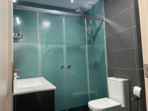 a bathroom with a shower with a toilet and a sink at Torre del reloj - Parking gratis in Cazorla +15 photos