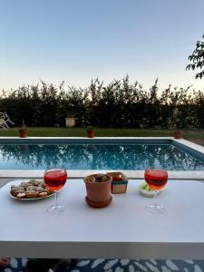 - deux verres de vin et une assiette de nourriture à côté de la piscine dans l'établissement La maison aux palmiers, à Arpaillargues-et-Aureillac
