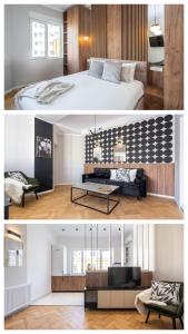 twee foto's van een slaapkamer en een woonkamer bij Rigas29 - UrbanNest Bucharest in Boekarest