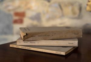 drie boeken bovenop elkaar op een tafel bij Romantico appartamento in Centro in Castiglione del Lago