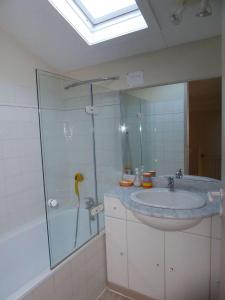 W łazience znajduje się umywalka i przeszklony prysznic. w obiekcie Biscarrosse Lac Villa 2 chambres et jardin à Navarrosse w mieście Biscarrosse