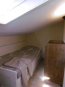 Cama en habitación pequeña con techo inclinado en Biscarrosse Lac Villa 2 chambres et jardin à Navarrosse, en Biscarrosse