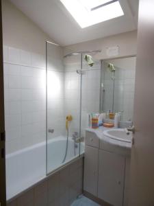 W łazience znajduje się prysznic i umywalka. w obiekcie Biscarrosse Lac Villa 2 chambres et jardin à Navarrosse w mieście Biscarrosse