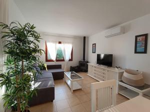 a living room with a couch and a tv at Villa del Pi in L'Ametlla de Mar