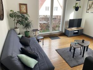 een woonkamer met een bank en een tafel bij Appartement 70m2 dans maison avec jardin in Bischheim