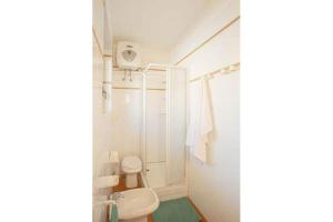 La salle de bains blanche est pourvue d'une douche et de toilettes. dans l'établissement Giglio Blu 1, à Campese