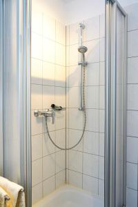 um chuveiro numa casa de banho com uma porta de vidro em Kompaktes Apartment in ruhiger Lage em Wolfsburg
