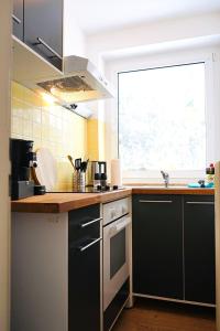 cocina con fregadero y fogones horno superior en Kompaktes Apartment in ruhiger Lage, en Wolfsburg