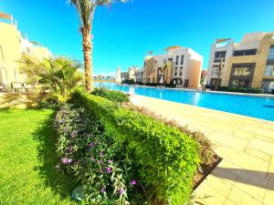 a hedge with purple flowers next to a swimming pool at Fabulous Sea view 1 BR & private Garden to the pool at Mangroovy in Hurghada