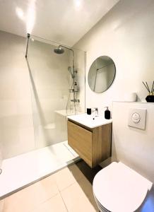 La salle de bains est pourvue de toilettes, d'une douche et d'un lavabo. dans l'établissement Casa JONA, à Cagnes-sur-Mer