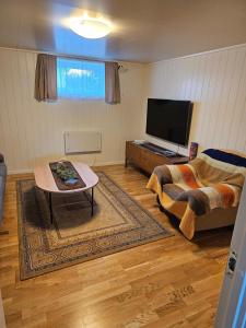 - un salon avec un canapé et une table basse dans l'établissement Cozy home, à Gravdal