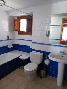 a blue and white bathroom with a toilet and a sink at Hotel D` Ares in Ares del Maestre