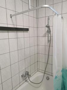a shower in a bathroom with a shower head at Ferienhaus Lichtenberg in Herleshausen