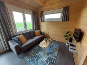 a living room with a couch and two windows at Vakantiehuisje vlakbij Leeuwarden, Swichumer Pleats in Swichum