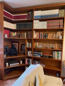 a library with wooden shelves filled with books at Quintinha da Bé, Ourém, Portugal in Ourém