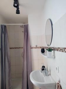 ein Badezimmer mit Waschbecken, Spiegel und Dusche in der Unterkunft AlteFeuerwache #2 in Husum