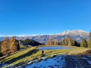 a person standing on top of a hill with a lake at 181 - Casa Arcobaleno tra le Alpi, Piste da sci a 15 minuti in Castione della Presolana